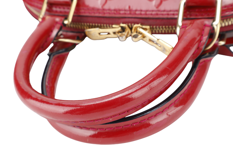 LOUIS VUITTON ALMA BB RED VERNIS WITH GOLD HARDWARE, STRAPS AND NO DUST COVER