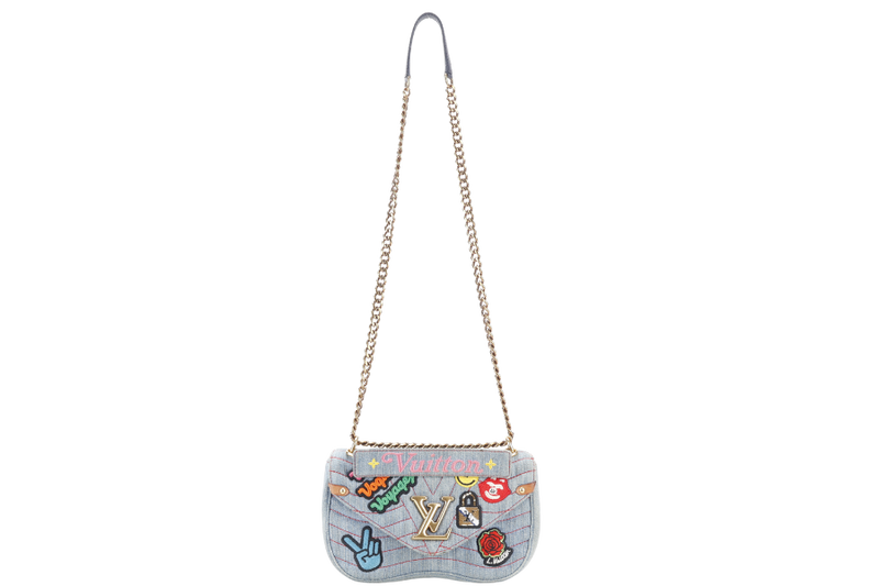 LOUIS VUITTON NEW WAVE CHAIN BAG BLUE DENIM GOLD HARDWARE WITH DUST COVER