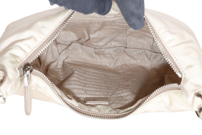 PRADA 1BH172 SAFFIANO BEIGE CHAIN SHOULDER BAG SILVER HARDWARE WITH CARD AND DUST COVER