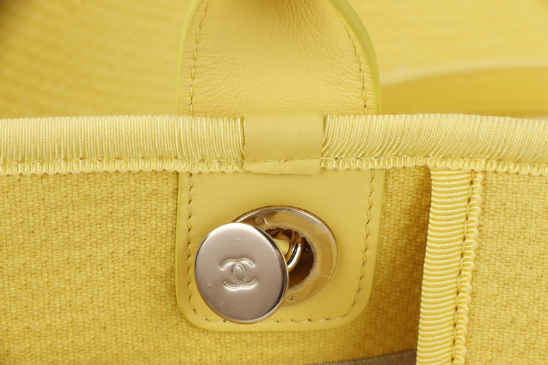 CHANEL DEAUVILLE TOTE BAG MICROCHIP (AJPXxxxx) LARGE YELLOW CANVAS GOLD HARDWARE WITH POUCH NO DUST COVER