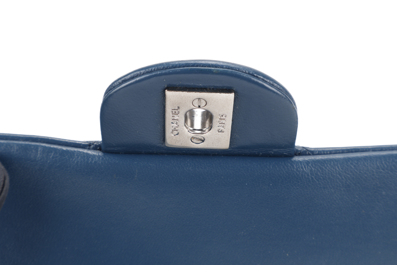 CHANEL BLUE LAMBSKIN MINI RECTANGLE CLASSIC FLAP (1762xxxx) SILVER HARDWARE WITH DUST COVER