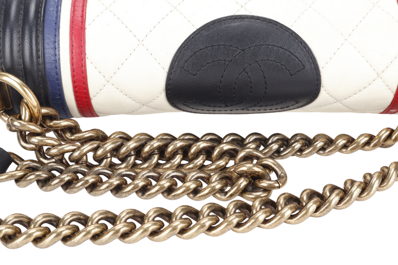 CHANEL LEBOY (2191xxxx) CREST BLACK, RED, WHITE & BLUE LAMBSKIN LEATHER GOLD HARDWARE WITH BOX