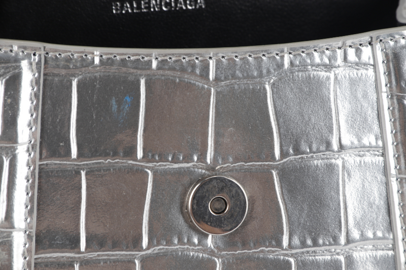 BALENCIAGA HOURGLASS xs HANDBAG IN SILVER METALIC CROC-EFFECT LEATHER SILVER HARDWARE NO DUST COVER