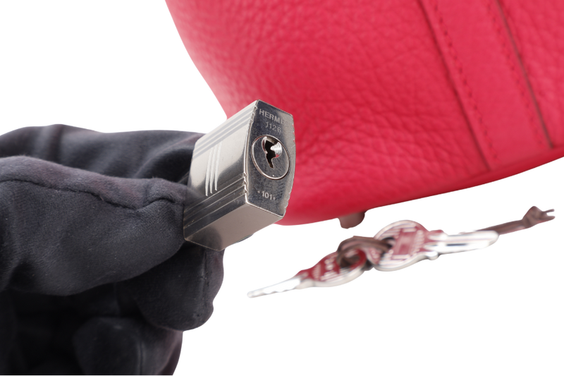 HERMES PICOTIN 18 ROSE TEXAS COLOR CLEMENCE LEATHER STAMP A (2017) SILVER HARDWARE WITH LOCK & KEYS AND DUST COVER
