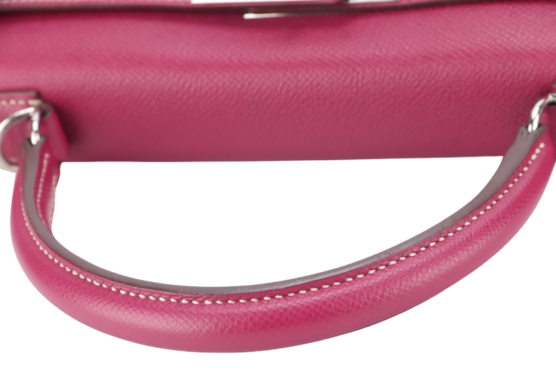 HERMES KELLY 28 CANDY VERSO TOSCA AND ROSE TYRIEN COLOR EPSOM SILVER HARDWARE STAMP O (YEAR 2011) WITH KEYS, LOCK, STRAP AND DUST COVER