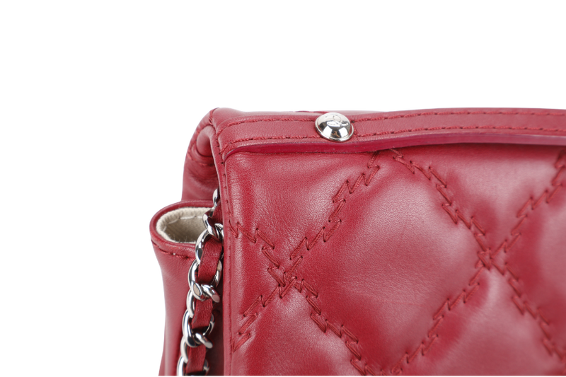 CHANEL HAMPTONS WILD STITCH DARK RED LEATHER FLAP BAG SILVER HARDWARE (1783xxxx) WITH CARD, DUST COVER AND BOX