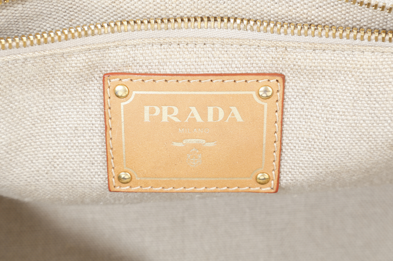 PRADA CANAPA RIGHE B1872B PINK AND DARK BROWN CANVAS TOTE BAG WITH CARD AND DUST COVER