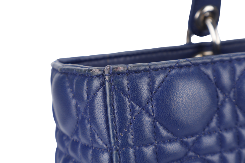 CHRISTIAN DIOR LADY DIOR (13-BO-1113) LARGE BLUE LAMBSKIN SILVER HARDWARE WITH LONG STRAPS NO DUST COVER