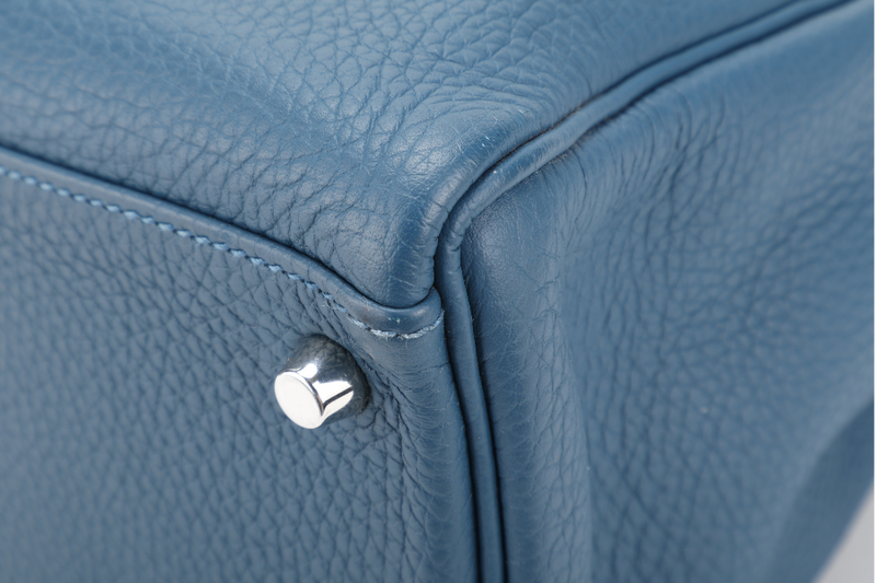 HERMES KELLY 35 BLUE COLVERT CLEMENCE LEATHER SILVER HARDWARE STAMP Q (YEAR 2013) WITH STRAPS, KEYS & LOCK , BOX AND PAPER BAG (NO DUST COVER)