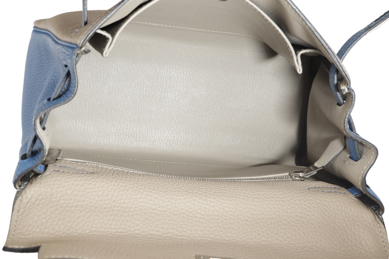 HERMES KELLY 25 HSS GRIS TOURTERELLE MYKONOS TOGO WITH BRUSHED SILVER HARDWARE STAMP P (2012) WITH LOCK&KEYS AND STRAPS