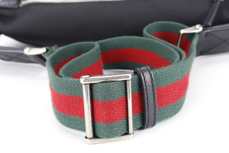 GUCCI TECHNO WEB BELT BAG BLACK CANVAS SILVER HARDWARE WITH DUST COVER