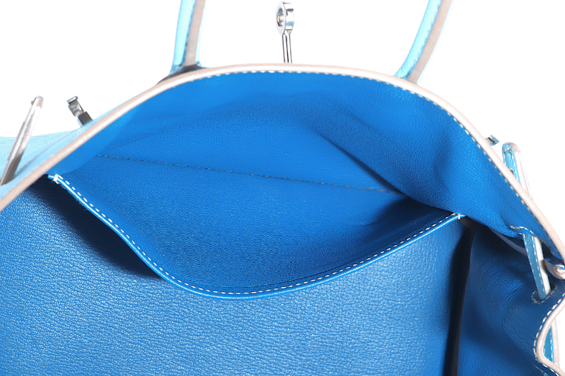 HERMES BIRKIN 25 BLUE CELESTE, BLUE THALASSA EPSOM LEATHER SILVER HARDWARE STAMP O (YEAR 2011) NO KEYS, NO LOCK WITH DUST COVER