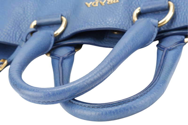 PRADA BLUE VITELLO DAINO LEATHER TOTE GOLD HARDWARE WITH STRAPS, CARD AND DUST COVER