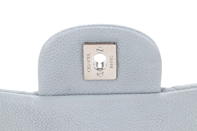 CHANEL CLASSIC FLAP MAXI GREY CAVIAR LEATHER WITH SILVER CHAIN (1739xxxx) WITH CARD , DUST COVER AND BOX