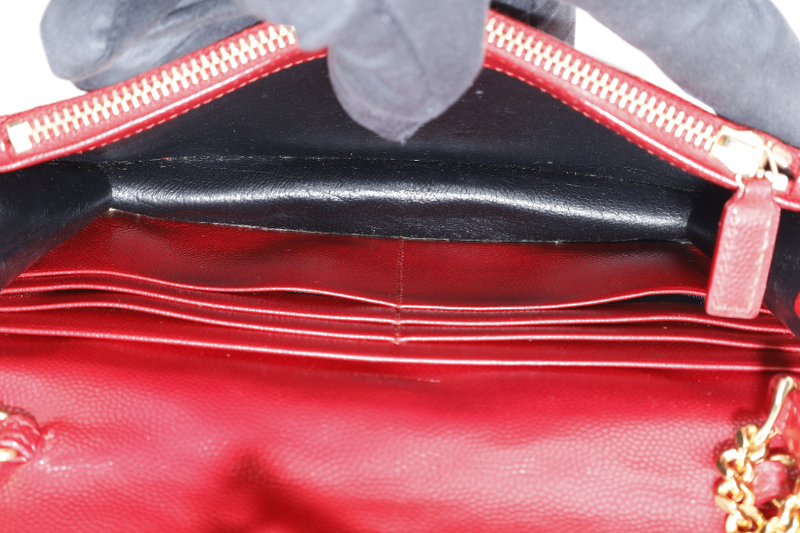 YVES SAINT LAURENT (YSL) ENVELOPE CHAIN WALLET RED CHEVRON QUILTED LEATHER WITH GOLD HARDWARE NO DUST COVER