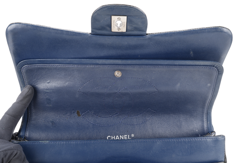 CHANEL CLASSIC DOUBLE FLAP BLUE JUMBO PATENT LEATHER SILVER HARDWARE (1442xxxx) WITH DUST COVER AND DUST COVER