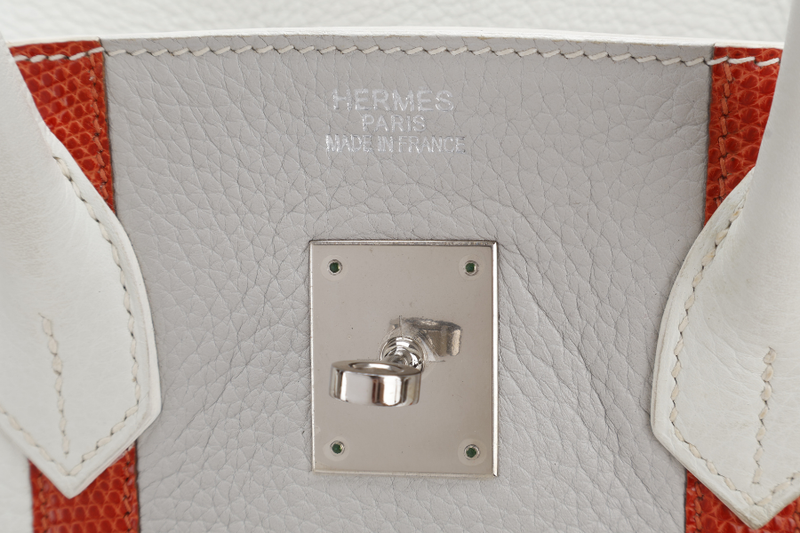 HERMES BIRKIN FLAG 35 WHITE AND GRIS PERLE CLEMENCE, LIZARD LEATHER SILVER HARDWARE STAMP Q SQUARE (YEAR 2013) WITH LOCK & KEYS AND DUST COVER