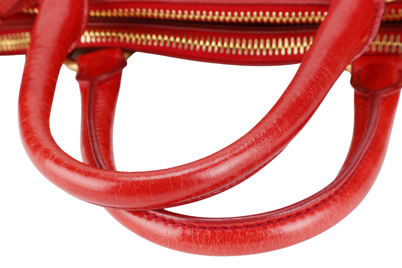 PRADA BR2324 VITELLO SHINE RED MEDIUM SATCHEL LEATHER 2WAYS BAG GOLD HARDWARE WITH CARD AND STRAPS
