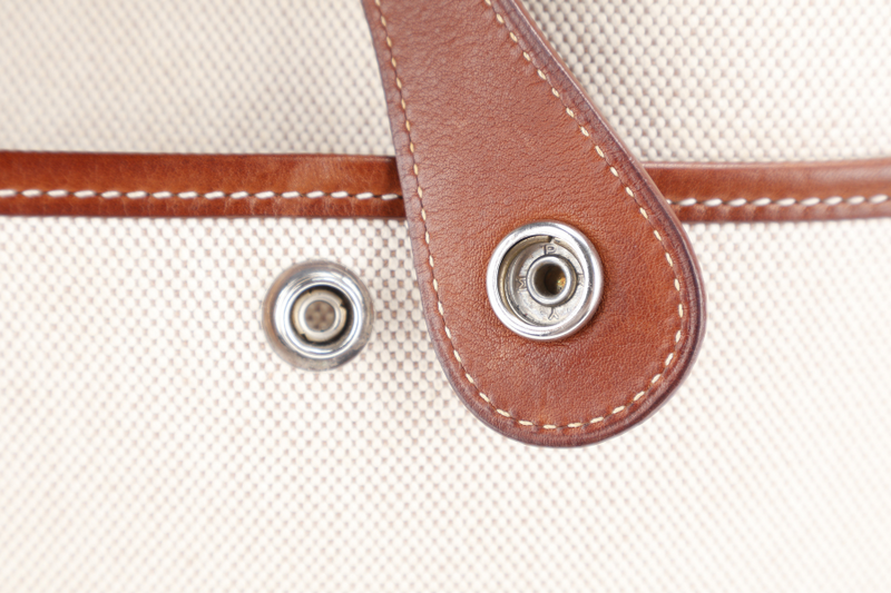 HERMES EVELYN PM TOILE X BARENIA LEATHER STAMP SQUARE K (YEAR 2007) WITH SLING AND DUST COVER