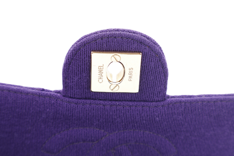 CHANEL CLASSIC FLAP MINI SQUARE (648xxxx) PURPLE JERSEY GOLD HARDWARE WITH DUST COVER AND CARD