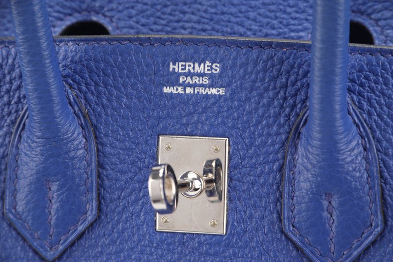 HERMES BIRKIN 25 BLUE ELECTRIC TOGO SILVER HARDWARE STAMP O (YEAR 2011) WITH KEYS, LOCK, DUST COVER AND RAINCOAT