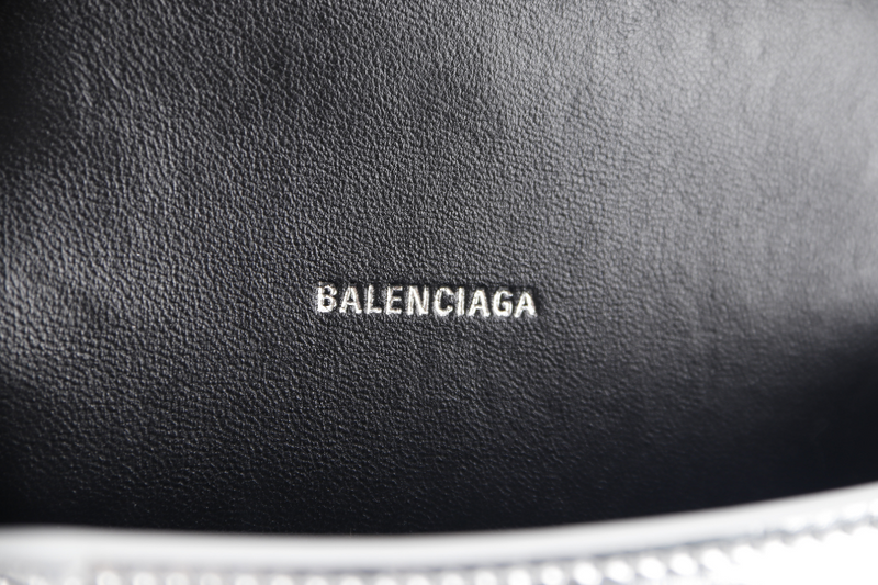 BALENCIAGA HOURGLASS XS SILVER METALLIC CROC-EFFECT LEATHER SILVER HARDWARE WITH SLING AND DUST COVER