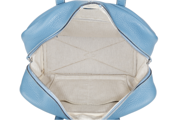 HERMES VICTORIA 36CM STAMP Q (YEAR 2013) BLUE COLVERT CLEMENCE LEATHER SILVER HARDWARE WITH DUST COVER
