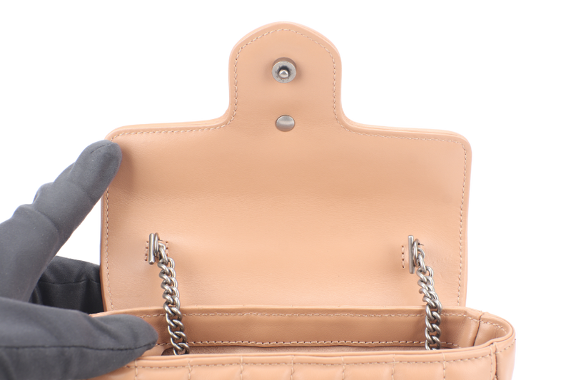 GUCCI GG MARMONT SUPER MINI BEIGE MATELASSE CHEVRON LEATHER RUTHENIUM HARDWARE WITH DUST COVER AND BOX