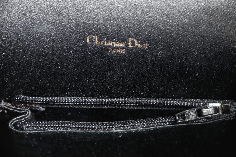 CHRISTIAN DIOR MINI CLASP HANDBAG BLACK SATIN SILVER HARDWARE WITH DUST COVER