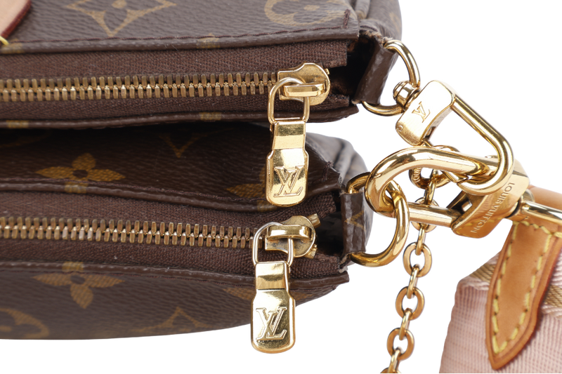 LOUIS VUITTON MULTI POCHETTE ACCESSORIES MONOGRAM CANVAS GOLD HARDWARE WITH PINK STRAPS AND DUST COVER