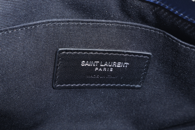 YVES SAINT LAURENT (YSL) V STITCH POUCH BLUE CALFSKIN SILVER HARDWARE NO DUST COVER