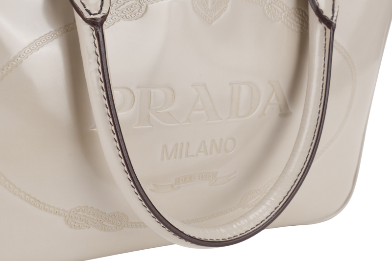 PRADA BN1114 TOP HANDLE BEIGE VINYL BAG SILVER HARDWARE WITH CARD, KEYS&LOCK AND DUST COVER