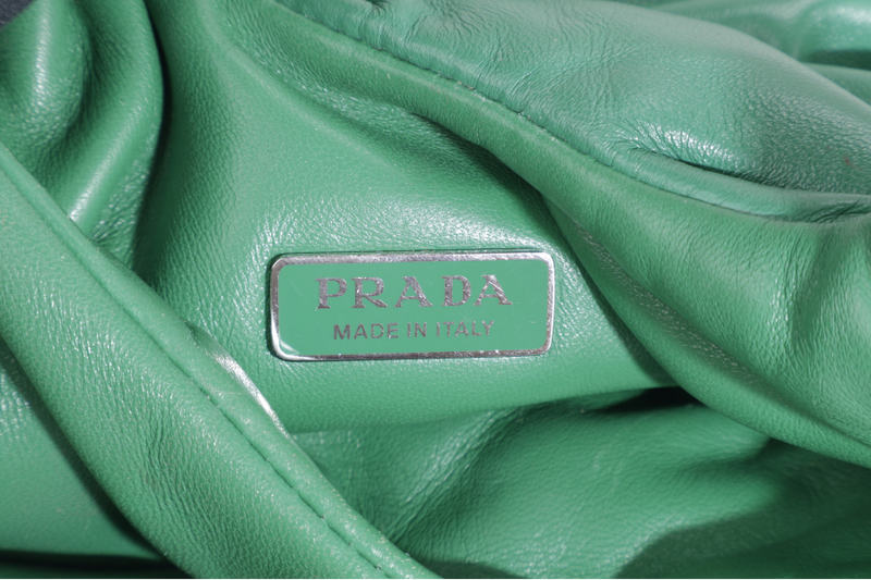 PRADA SOFT PADDED GREEN LEATHER SILVER HARDWARE WITH BOX