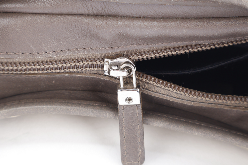 SALVATORE FERRAGAMO GANCINI GREY CANVAS WITH BROWN LEATHER LINING SILVER HARDWARE WITH DUST COVER