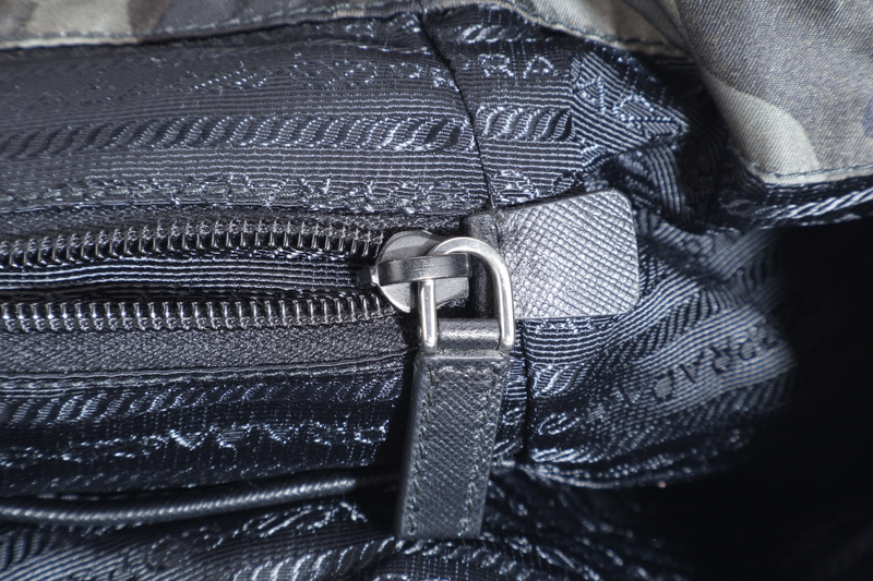 PRADA BZ0032 TESSUTO CAMOUFLAGE PATTERN GREEN BACKPACK WITH SILVER HARDWARE WITH CARD, NO DUST COVER