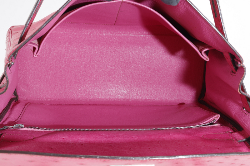 HERMES KELLY 32 RETOURNE FUCHSIA OSTRICH PHW STAMP I (YEAR 2005) WITH STRAPS AND DUST COVER
