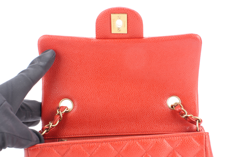 CHANEL CLASSIC FLAP MINI RECTANGULAR (2062xxxx) RED CAVIAR GOLD HARDWARE WITH DUST COVER