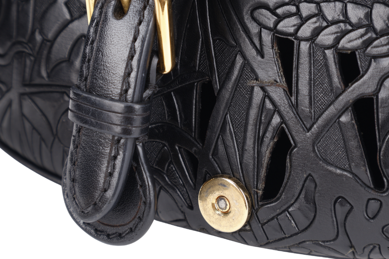 CHRISTIAN DIOR BOBBY FLORAL MOTIF (05-RU-0211) MEDIUM BLACK LEATHER GOLD HARDWARE WITH STRAPS, CARD AND BOX