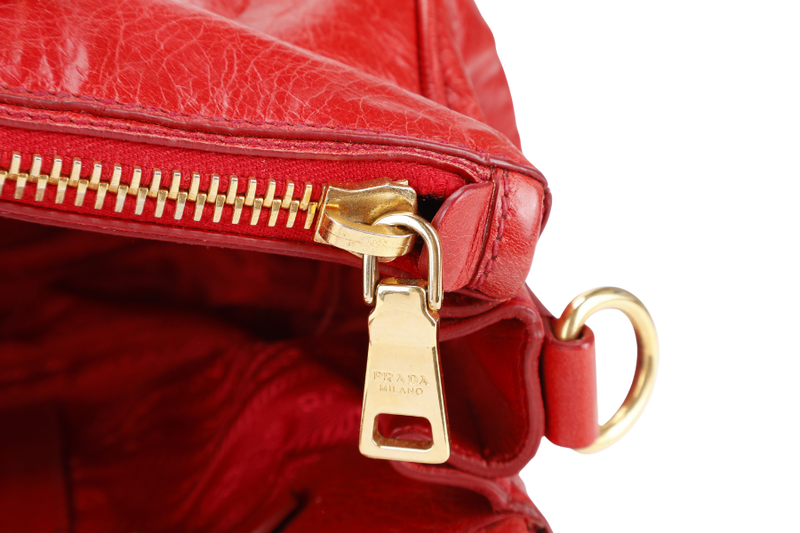 PRADA BR2324 VITELLO SHINE RED MEDIUM SATCHEL LEATHER 2WAYS BAG GOLD HARDWARE WITH CARD AND STRAPS