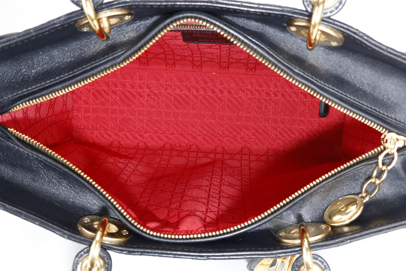 CHRISTIAN DIOR LADY DIOR LARGE BLACK LAMBSKIN 18-MA-0114 GOLD HARDWARE WITH STRAPS, NO DUST COVER