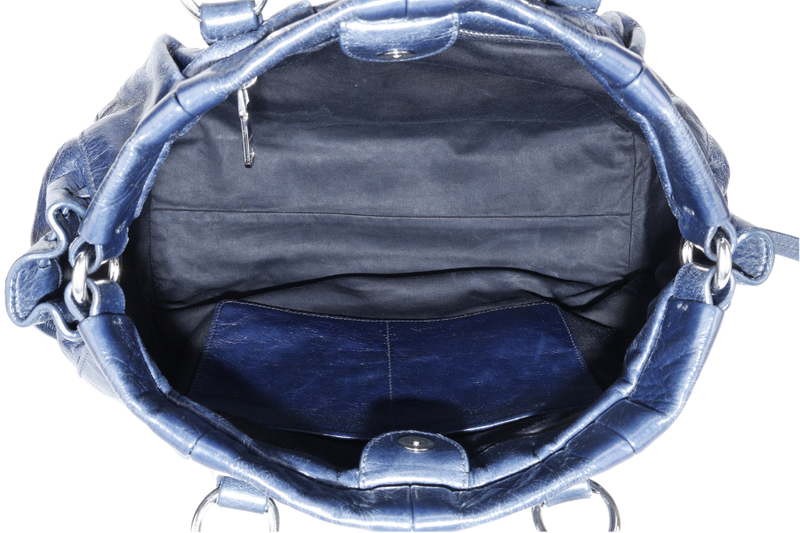 MIU MIU VITELLO SHINE SATCHEL DARK BLUE LEATHER SILVER HARDWARE WITH STRAPS AND NO DUST COVER