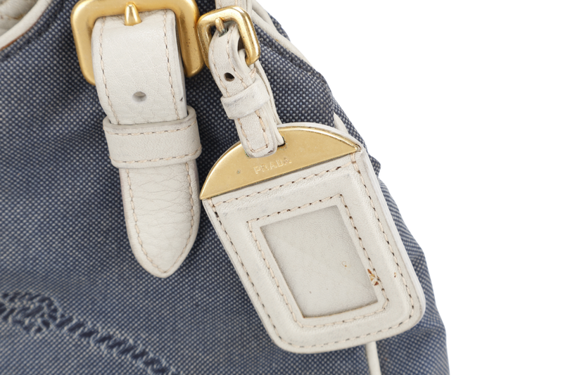 PRADA BLUE DENIM TOTE BAG WHITE LEATHER GOLD HARDWARE NO DUST COVER