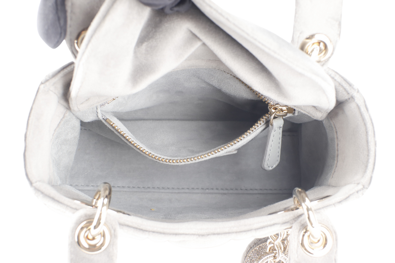 CHRISTIAN DIOR LADY DIOR (01-RU-1129) MINI GREY SUEDE LEATHER GOLD HARDWARE WITH STRAP, CARD AND DUST COVER