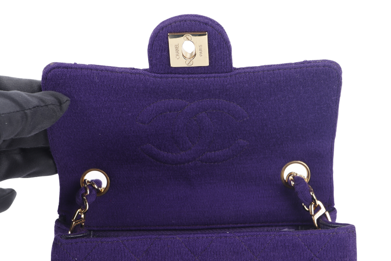 CHANEL CLASSIC FLAP MINI SQUARE (648xxxx) PURPLE JERSEY GOLD HARDWARE WITH DUST COVER AND CARD