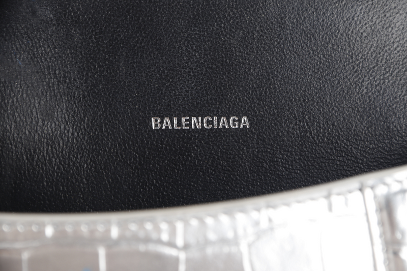 BALENCIAGA HOURGLASS xs HANDBAG IN SILVER METALIC CROC-EFFECT LEATHER SILVER HARDWARE NO DUST COVER