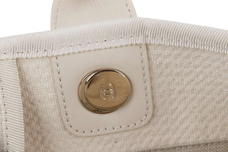 CHANEL DEAUVILLE SMALL BEIGE & WHITE CANVAS (K17Lxxxx) GOLD HARDWARE WITH DUST COVER AND BOX