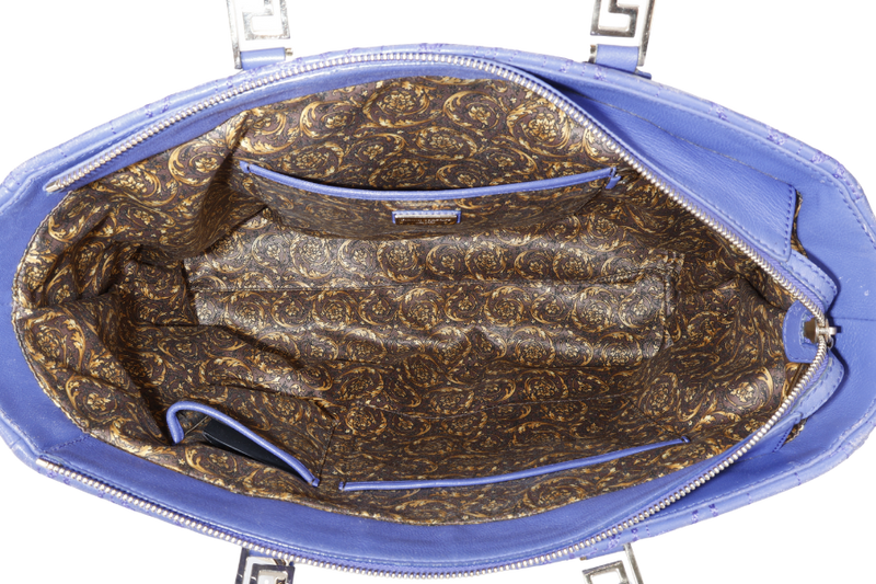 VERSACE PURPLE QUILTED LEATHER ELETTRA VANITAS TOTE GOLD HARDWARE WITH DUST COVER