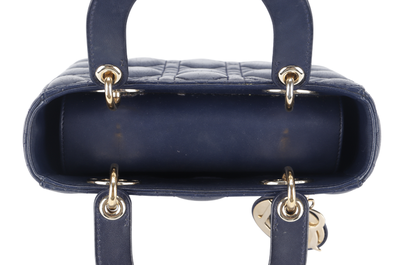 CHRISTIAN DIOR LADY DIOR SMALL (01-RU-1117) NAVY BLUE CANNAGE LAMBSKIN GOLD HARDWARE WITH STRAP, DUST COVER AND BOX