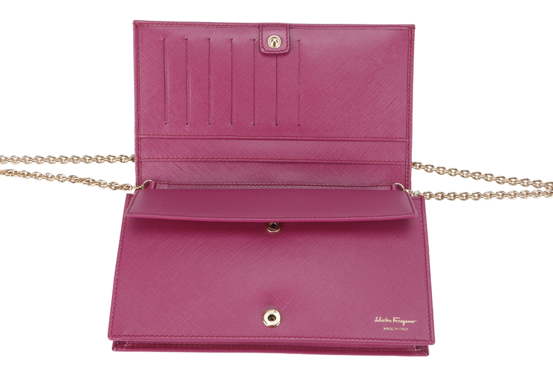 SALVATORE FERRAGAMO MISS VARA BOW CROSSBODY WALLET ON CHAIN (KM22B850) DARK PINK LEATHER GOLD HARDWARE WITH BOX