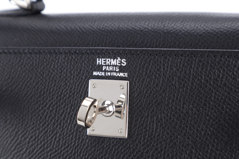 HERMES KELLY 25 RETOURNE BLACK EPSOM SILVER HARDWARE STAMP H (2004) WITH LOCK, KEYS, STRAPS AND DUST COVER